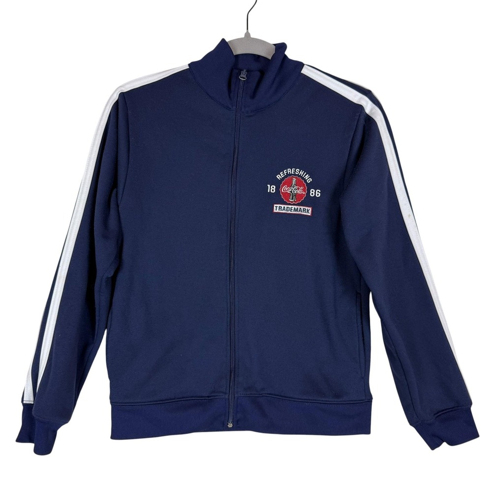 Coca-Cola Track Jacket Youth Medium Blue Full Zip Stripe Fleece Logo Graphic